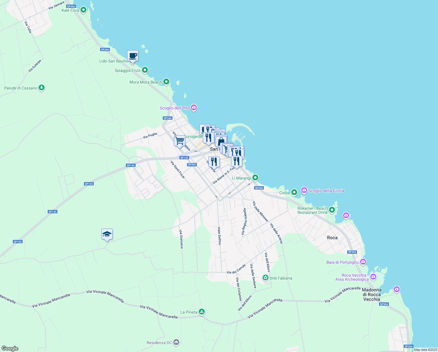 map of restaurants, bars, coffee shops, grocery stores, and more near 64 Via Malta in San Foca
