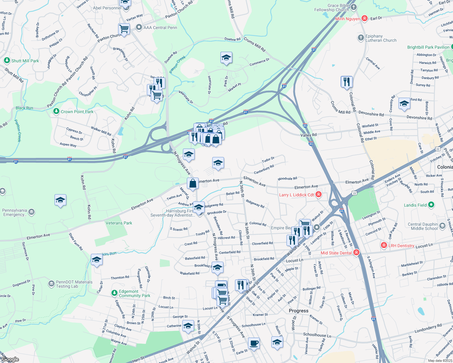 map of restaurants, bars, coffee shops, grocery stores, and more near 3519 Elmerton Avenue in Harrisburg