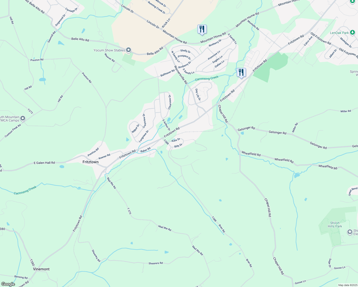 map of restaurants, bars, coffee shops, grocery stores, and more near 909 Billy Drive in Sinking Spring