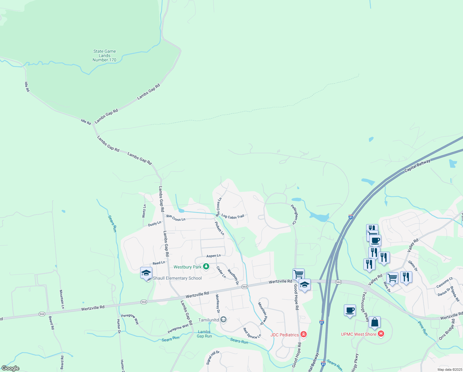 map of restaurants, bars, coffee shops, grocery stores, and more near 6085 Run Cross Lane in Enola