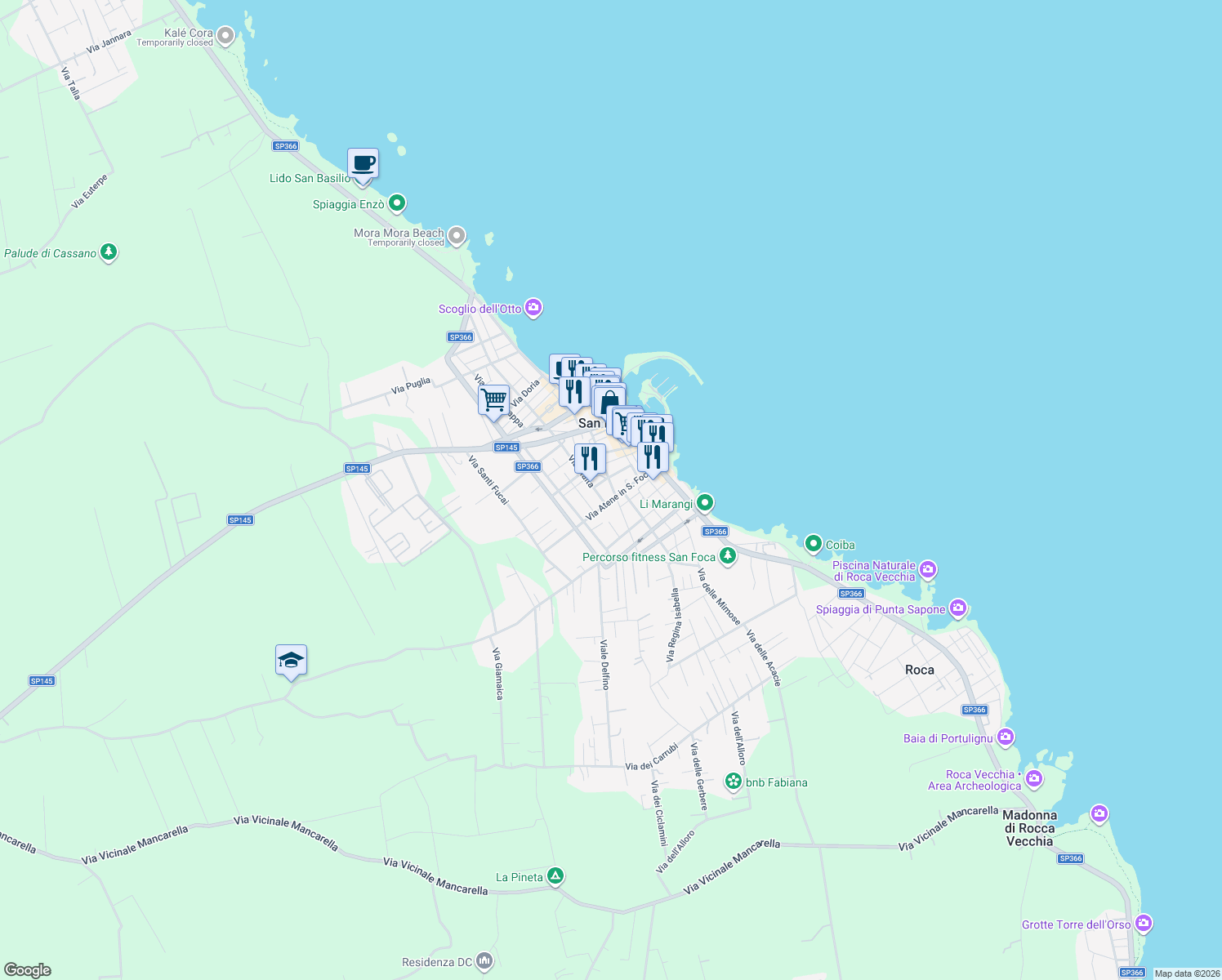 map of restaurants, bars, coffee shops, grocery stores, and more near 64 Via Malta in San Foca