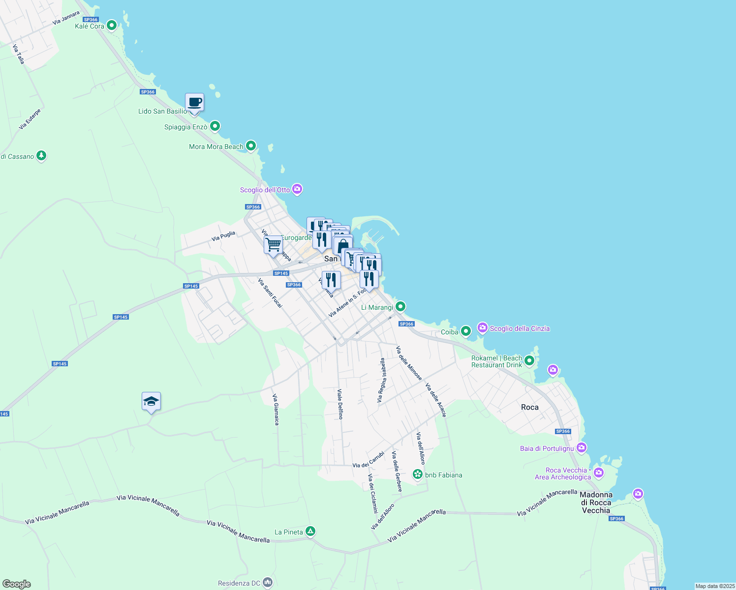map of restaurants, bars, coffee shops, grocery stores, and more near 10 Via del Fante in San Foca