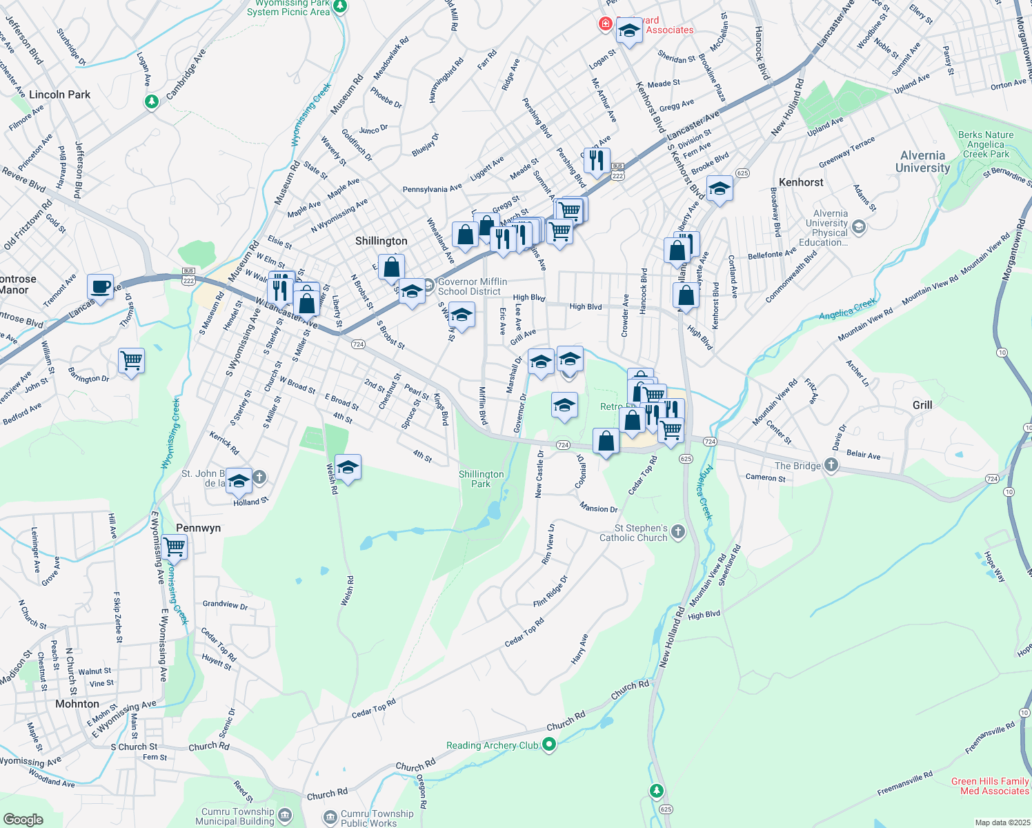 map of restaurants, bars, coffee shops, grocery stores, and more near 311 Governor Drive in Reading
