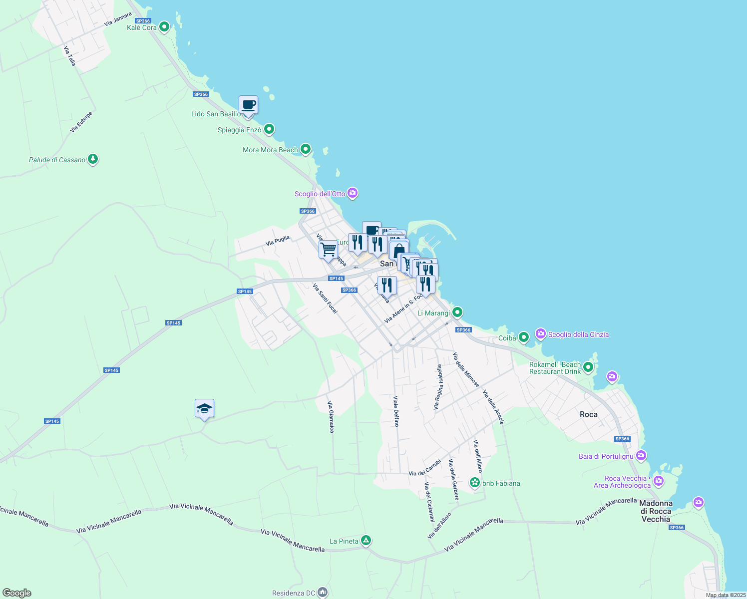 map of restaurants, bars, coffee shops, grocery stores, and more near 19 Piazza Lampedusa in San Foca