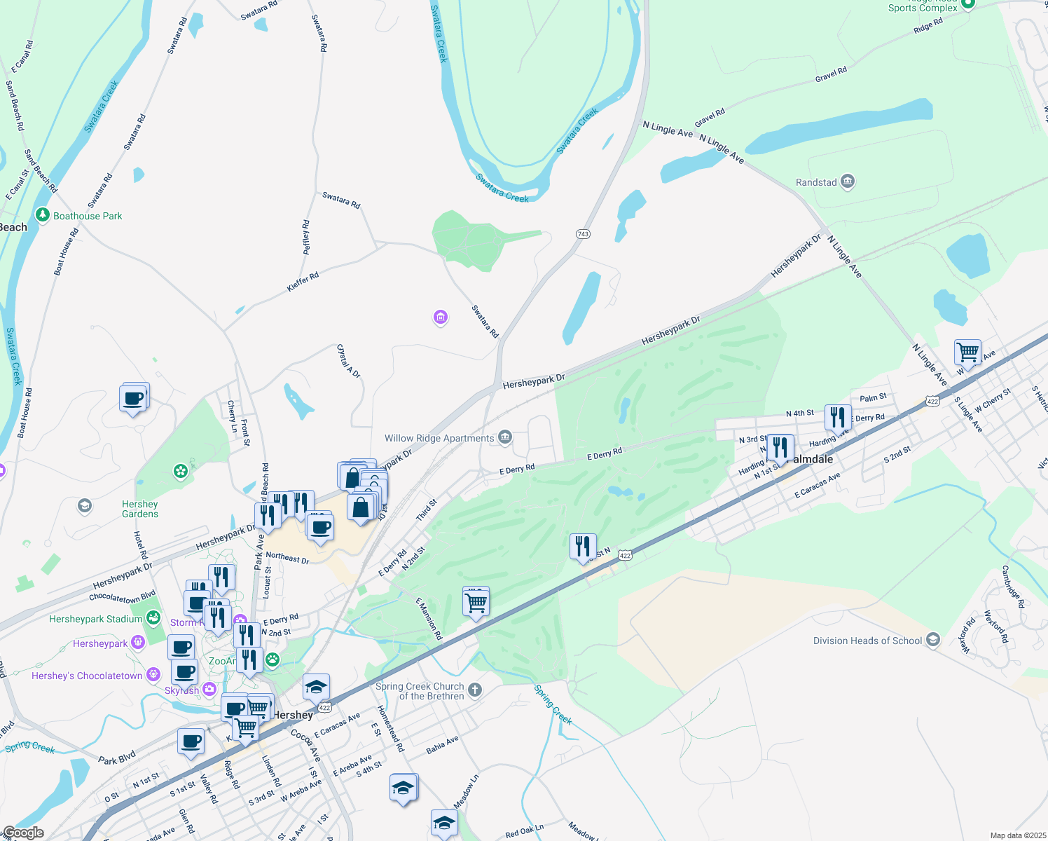 map of restaurants, bars, coffee shops, grocery stores, and more near 25 Carousel Circle in Hershey