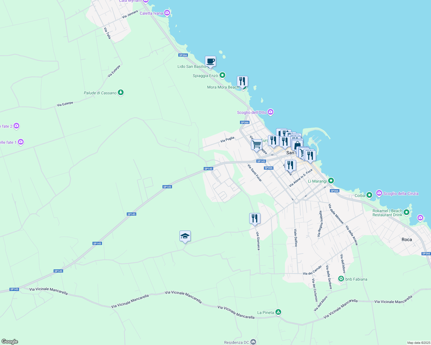 map of restaurants, bars, coffee shops, grocery stores, and more near SP145 in San Foca