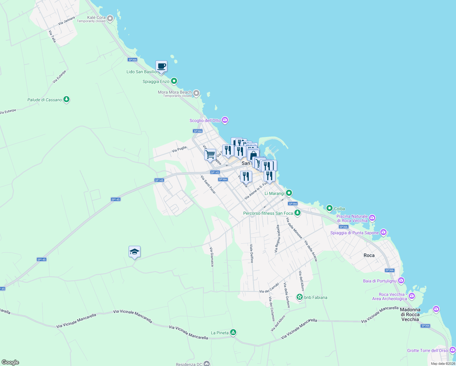map of restaurants, bars, coffee shops, grocery stores, and more near 24 Via Pireo in San Foca