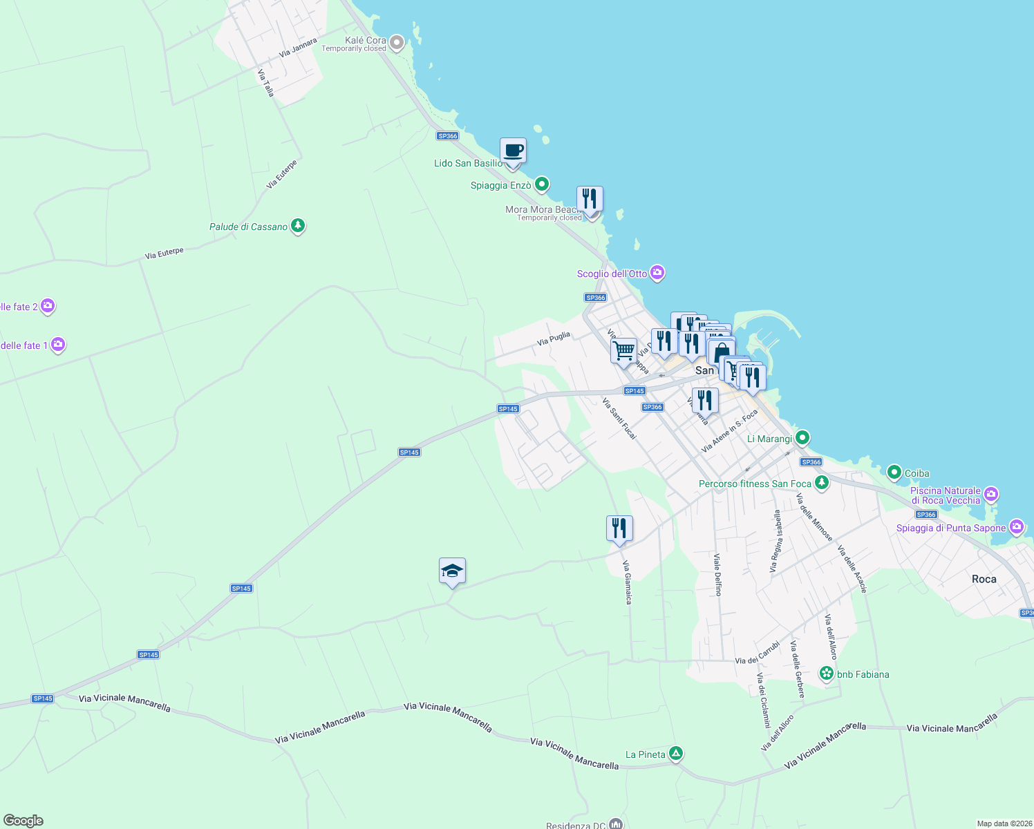 map of restaurants, bars, coffee shops, grocery stores, and more near SP145 in San Foca