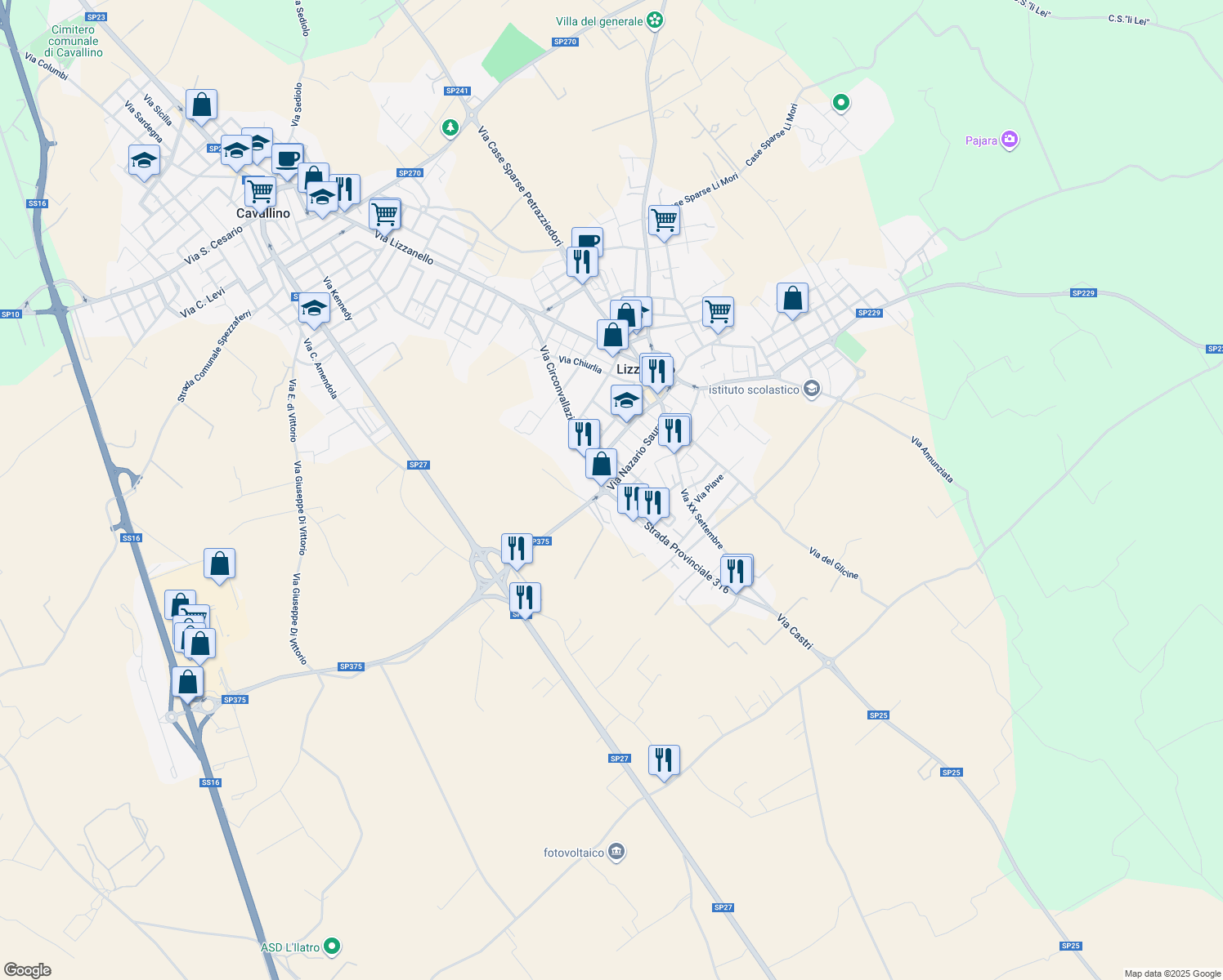 map of restaurants, bars, coffee shops, grocery stores, and more near 40 Via Circonvallazione in Lizzanello