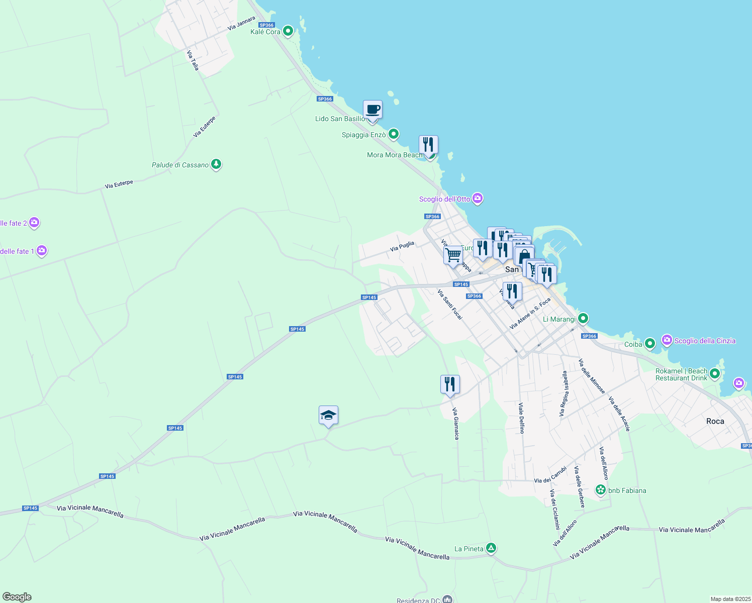 map of restaurants, bars, coffee shops, grocery stores, and more near SP145 in San Foca