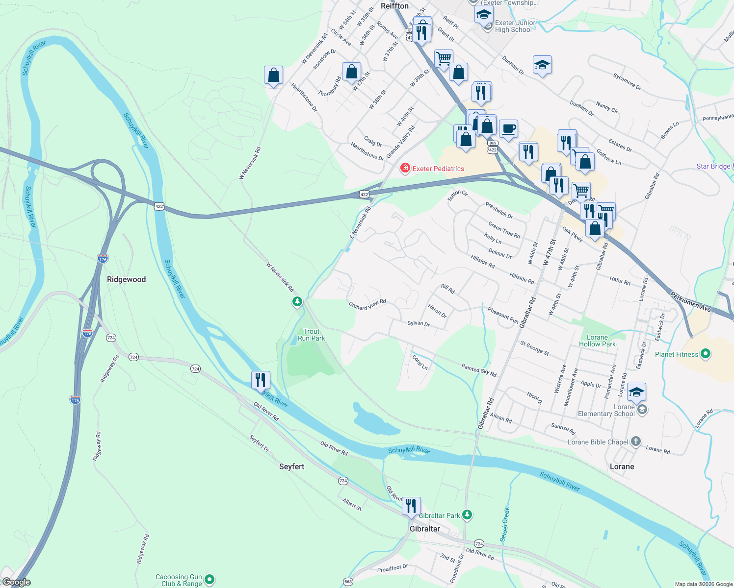 map of restaurants, bars, coffee shops, grocery stores, and more near 1400 Orchard View Road in Reading