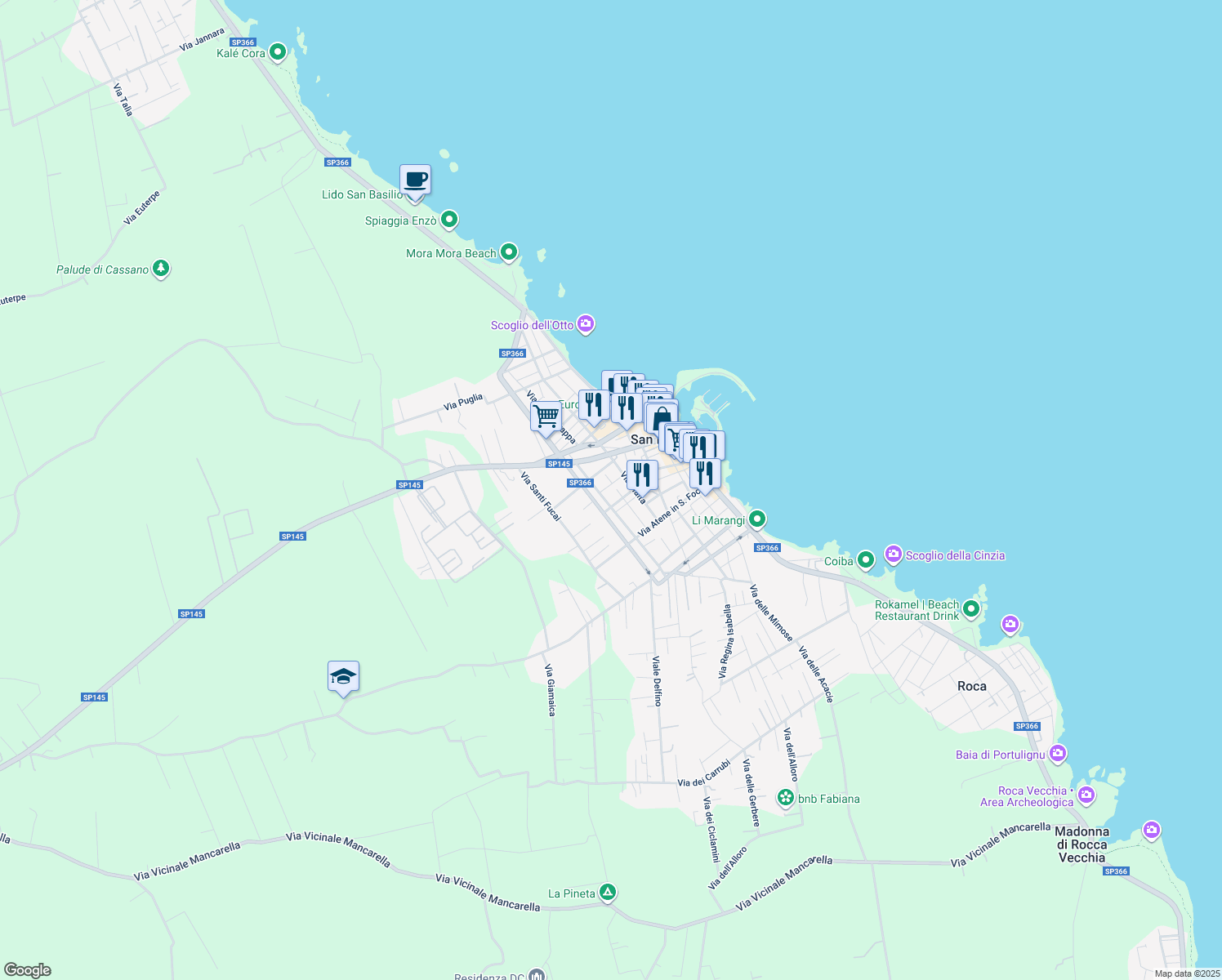 map of restaurants, bars, coffee shops, grocery stores, and more near 24 Via Pireo in San Foca