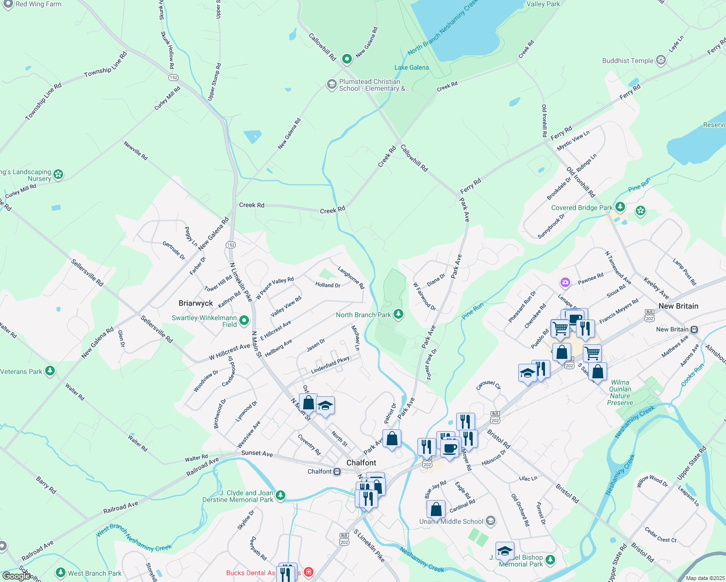 map of restaurants, bars, coffee shops, grocery stores, and more near 40 Langhorne Road in Chalfont