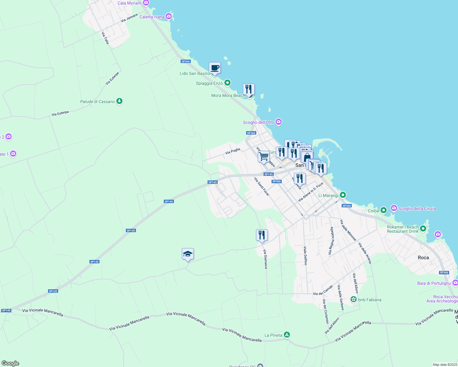 map of restaurants, bars, coffee shops, grocery stores, and more near 120 SP145 in San Foca