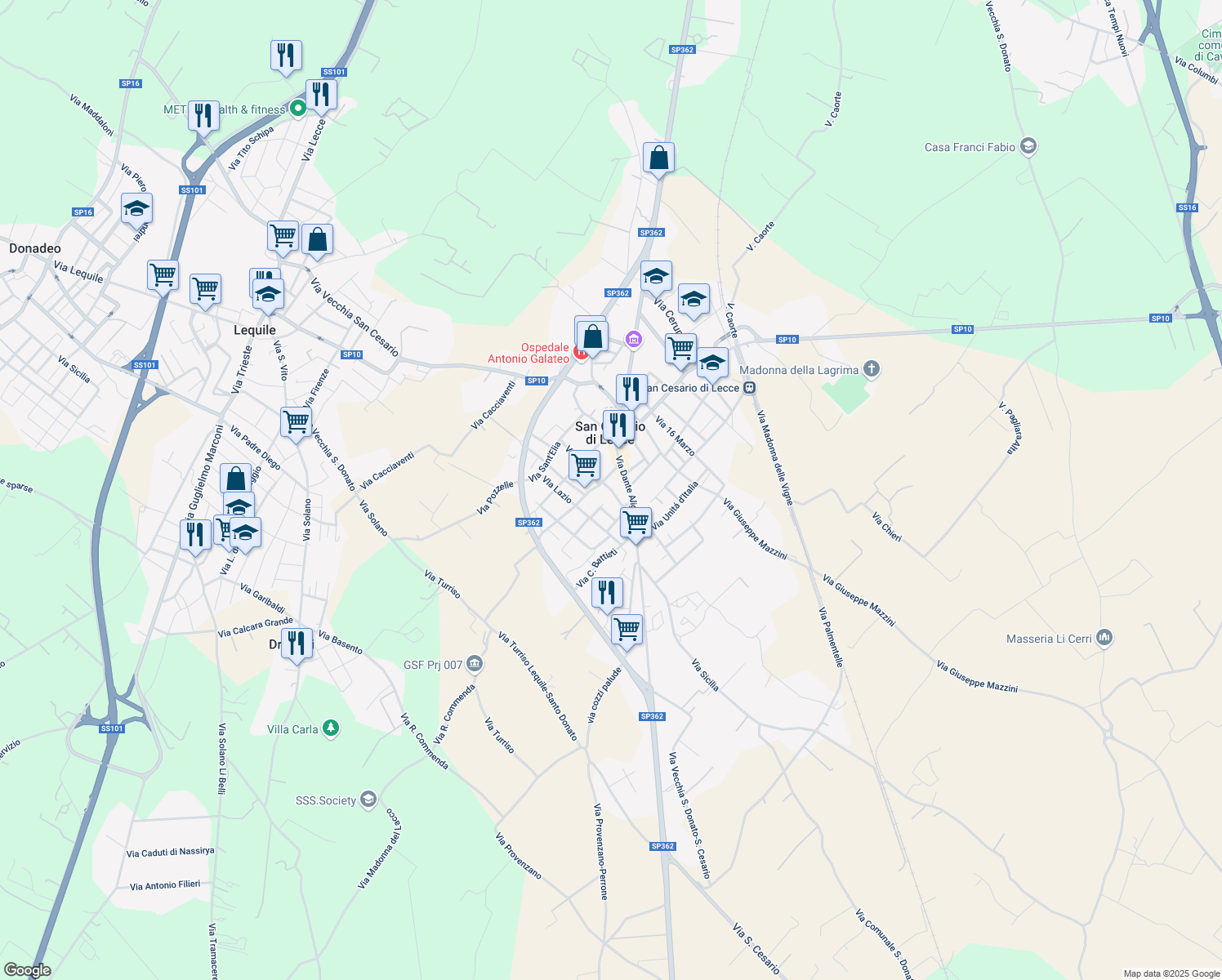 map of restaurants, bars, coffee shops, grocery stores, and more near 23 Via G. Verdi in San Cesario di Lecce