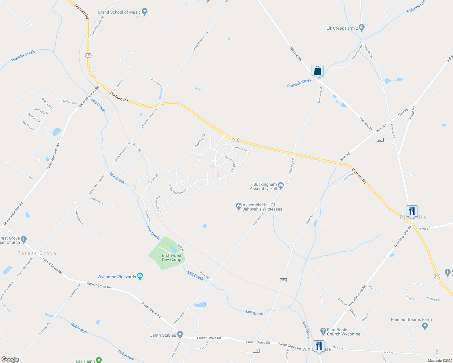map of restaurants, bars, coffee shops, grocery stores, and more near 181 Grouse Cir in New Hope