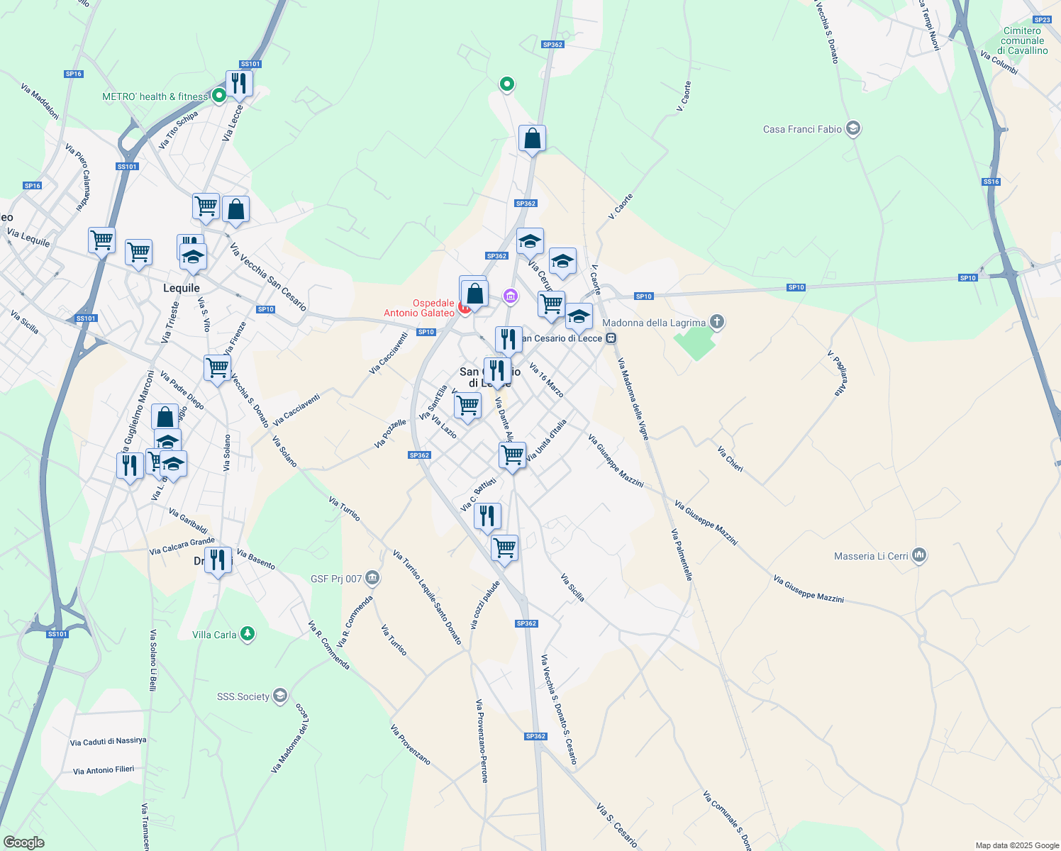 map of restaurants, bars, coffee shops, grocery stores, and more near 30 Via C. F. Barbieri in San Cesario di Lecce