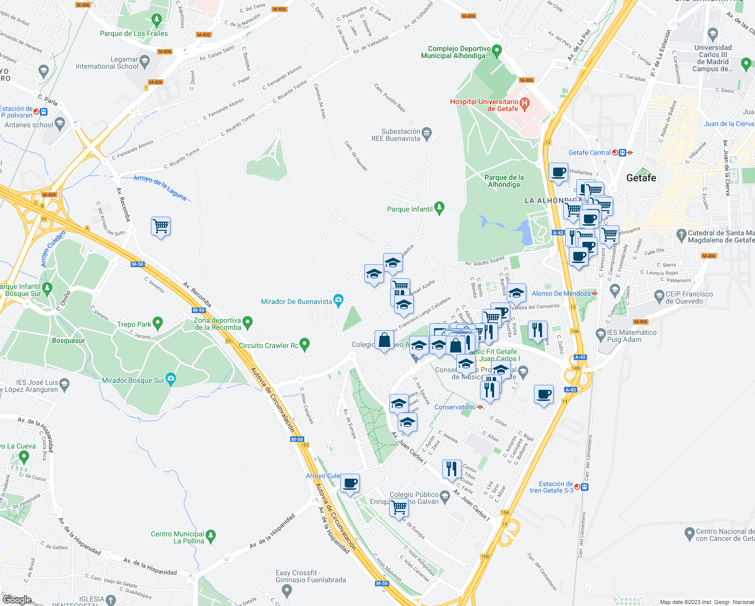 map of restaurants, bars, coffee shops, grocery stores, and more near 8 Avenida de Manuel Azaña in Getafe