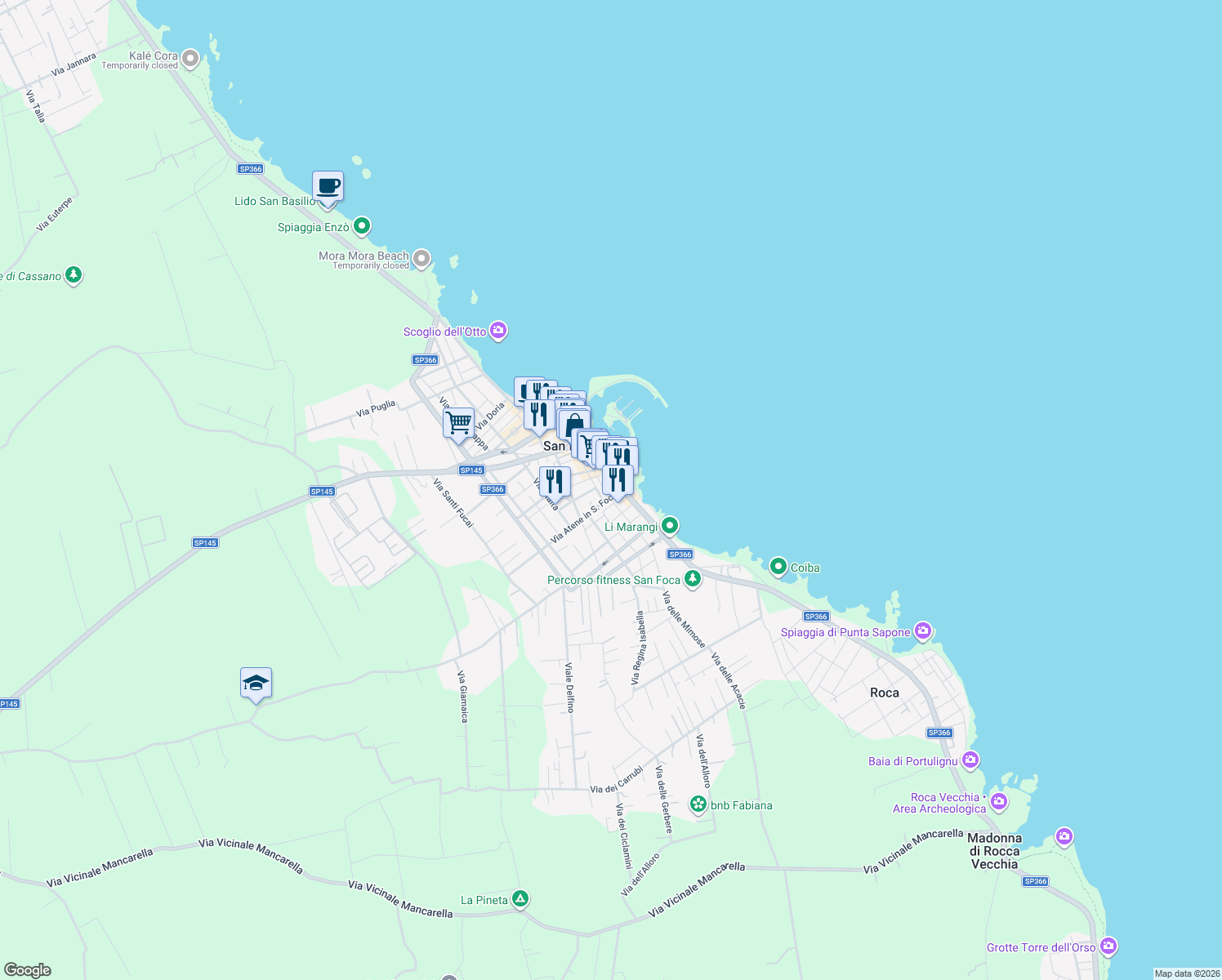 map of restaurants, bars, coffee shops, grocery stores, and more near 40-42 Via Lungomare Matteotti in San Foca