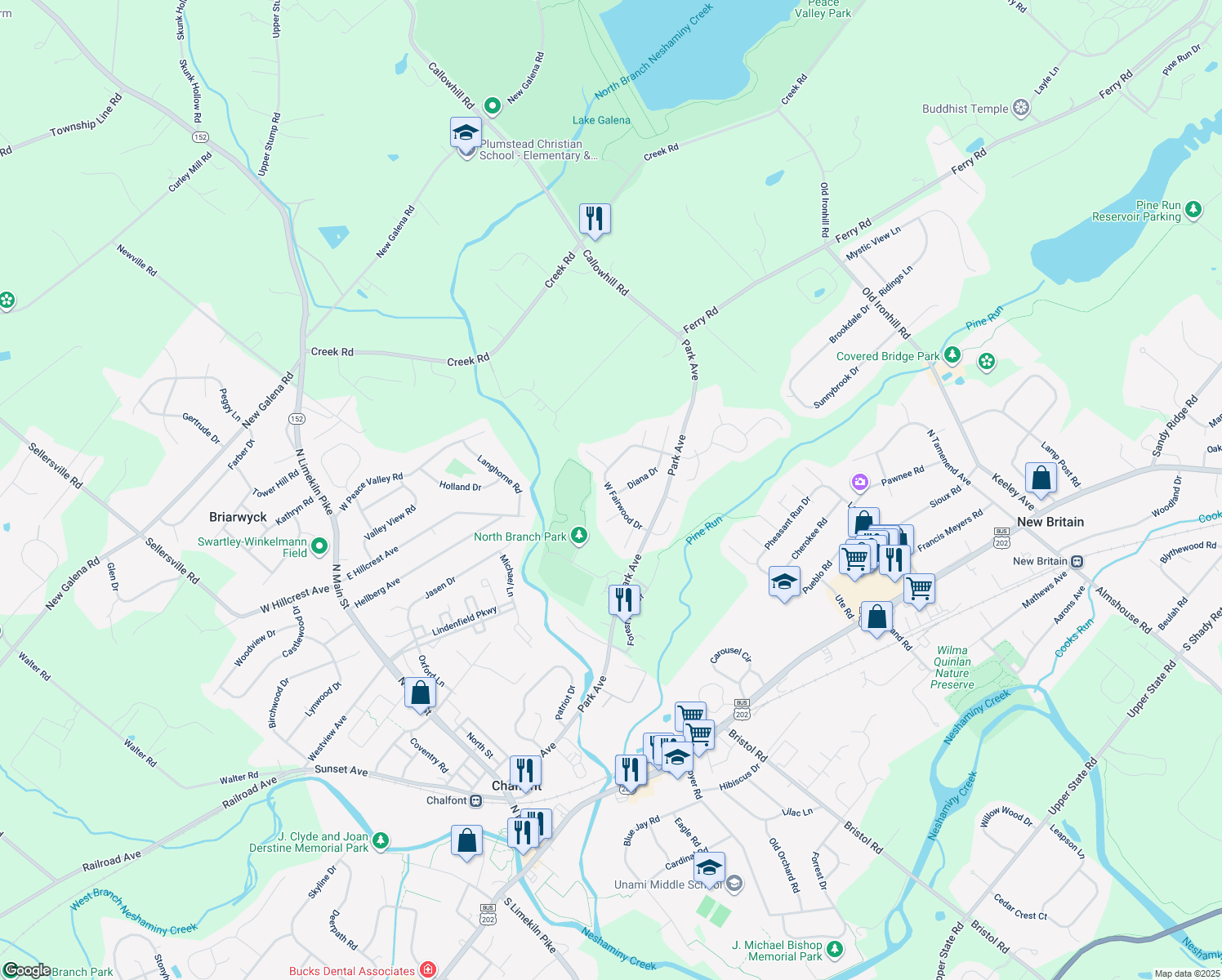map of restaurants, bars, coffee shops, grocery stores, and more near 212 West Fairwood Drive in Chalfont