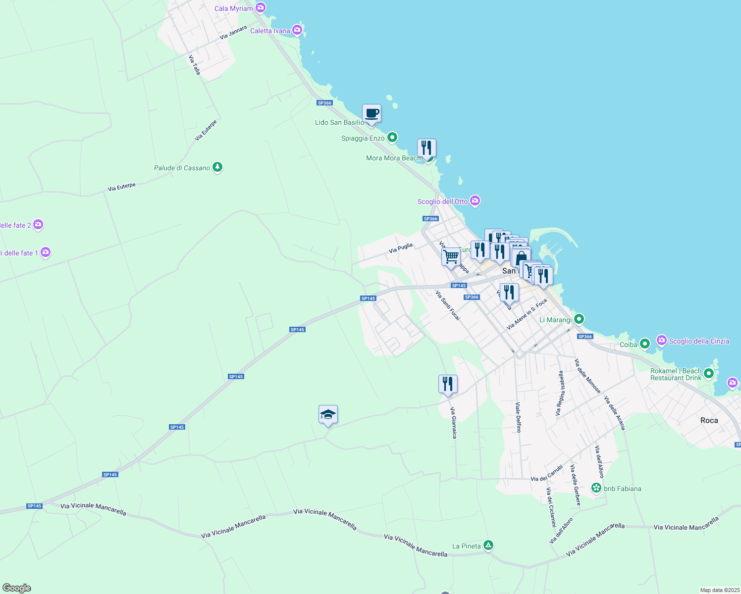 map of restaurants, bars, coffee shops, grocery stores, and more near SP145 in San Foca
