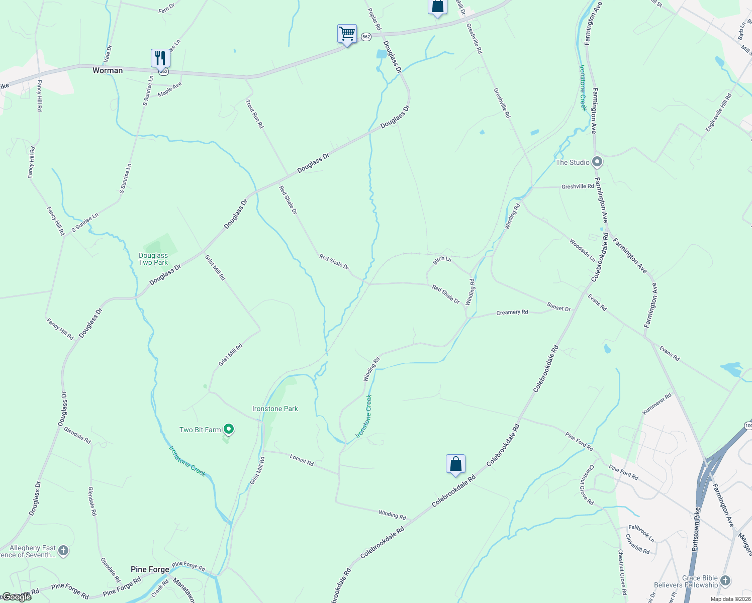 map of restaurants, bars, coffee shops, grocery stores, and more near 84 Red Shale Drive in Boyertown