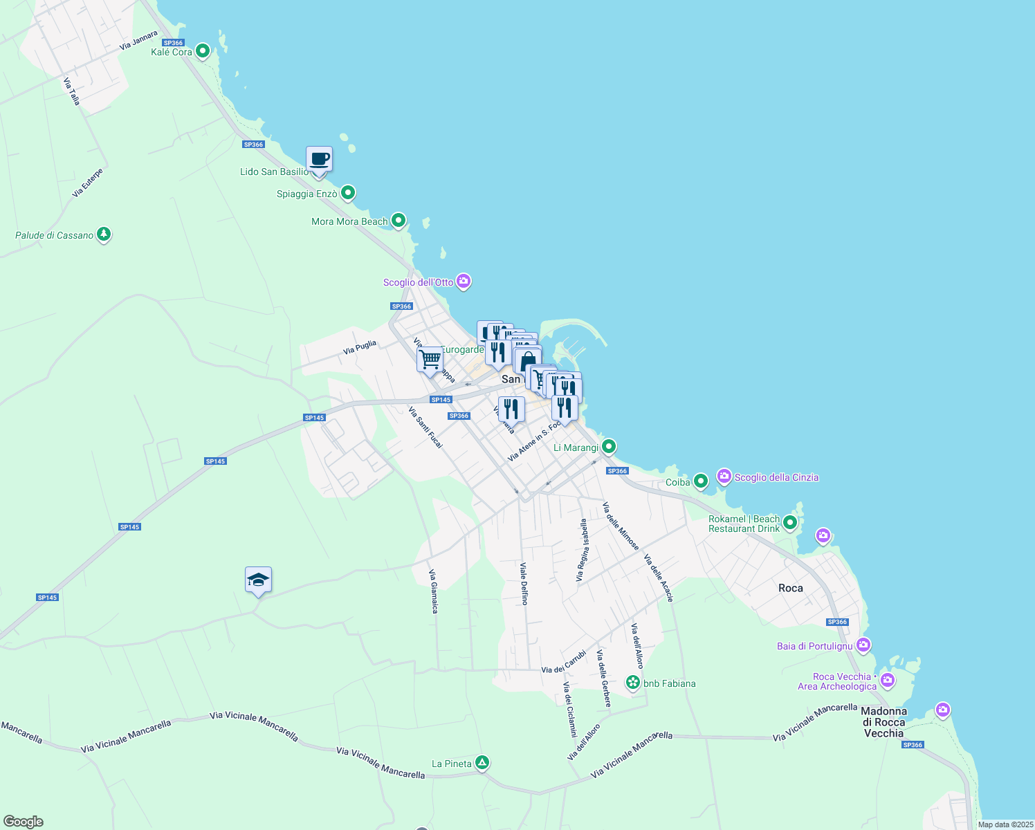 map of restaurants, bars, coffee shops, grocery stores, and more near 32 Via Ettore Fieramosca in San Foca