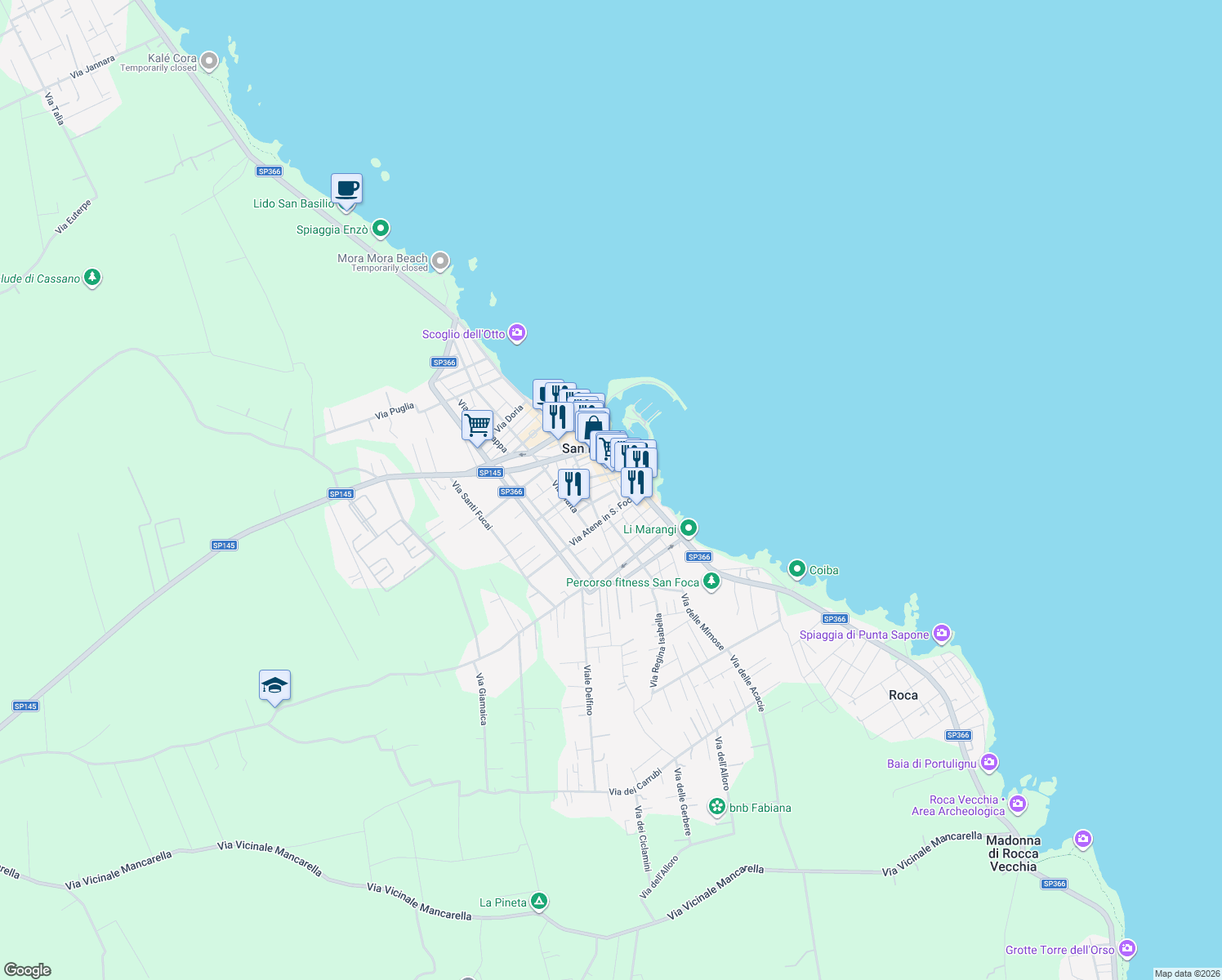 map of restaurants, bars, coffee shops, grocery stores, and more near 9 Via Padova in San Foca