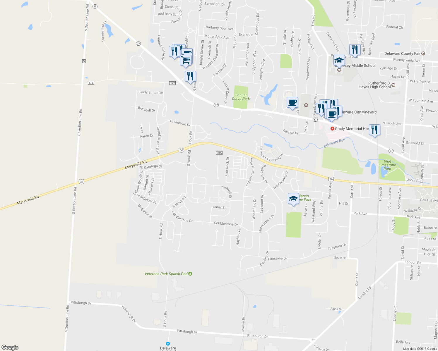 map of restaurants, bars, coffee shops, grocery stores, and more near 603 Acme Road in Delaware