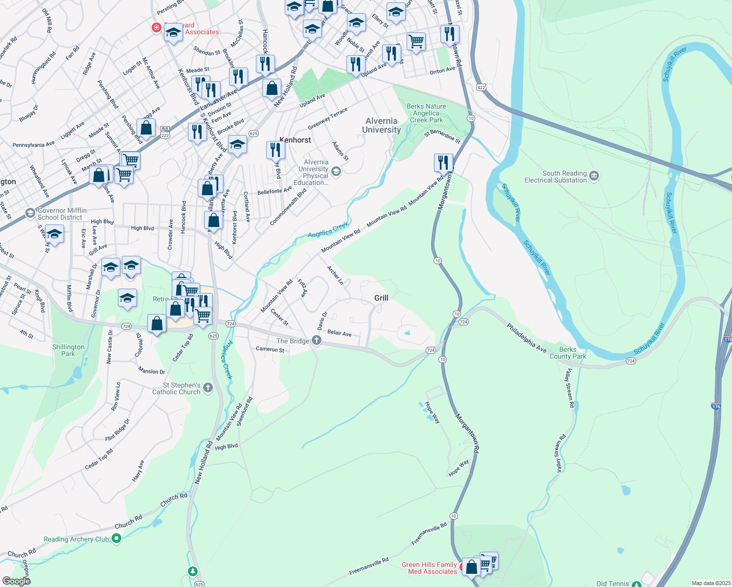 map of restaurants, bars, coffee shops, grocery stores, and more near 5 Ravine Dr in Shillington