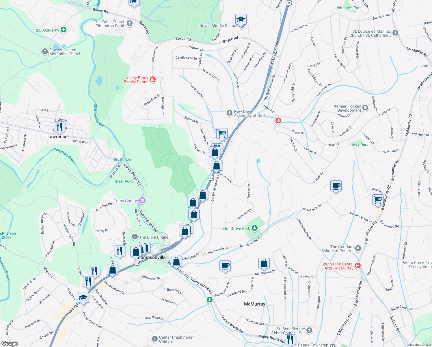 map of restaurants, bars, coffee shops, grocery stores, and more near 2867 Washington Rd in Canonsburg