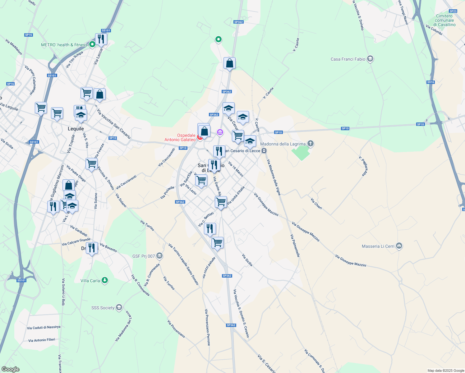 map of restaurants, bars, coffee shops, grocery stores, and more near 30 Via C. F. Barbieri in San Cesario di Lecce