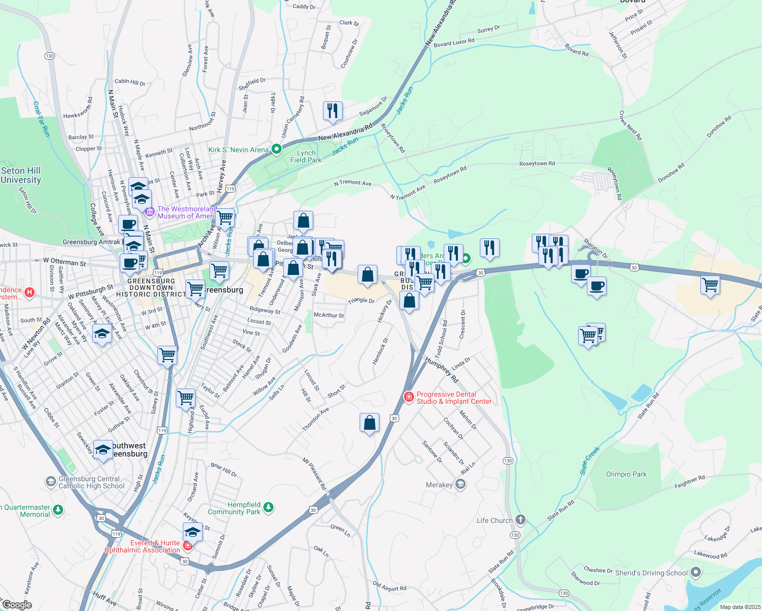 map of restaurants, bars, coffee shops, grocery stores, and more near 420 Hickory Drive in Greensburg