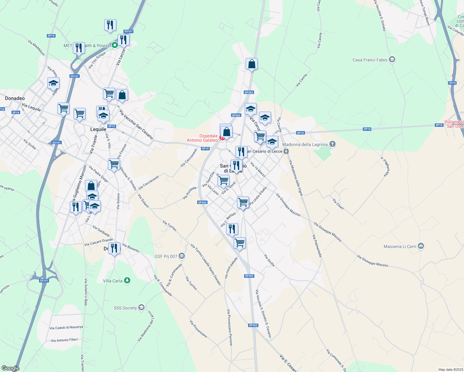 map of restaurants, bars, coffee shops, grocery stores, and more near 23 Via G. Verdi in San Cesario di Lecce