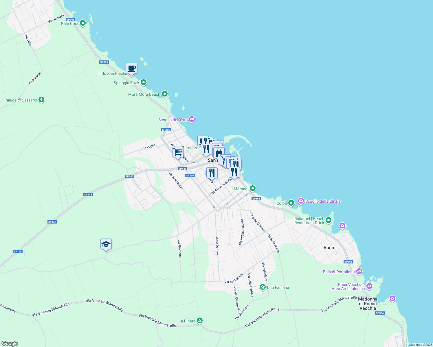 map of restaurants, bars, coffee shops, grocery stores, and more near 32 Via Ettore Fieramosca in San Foca