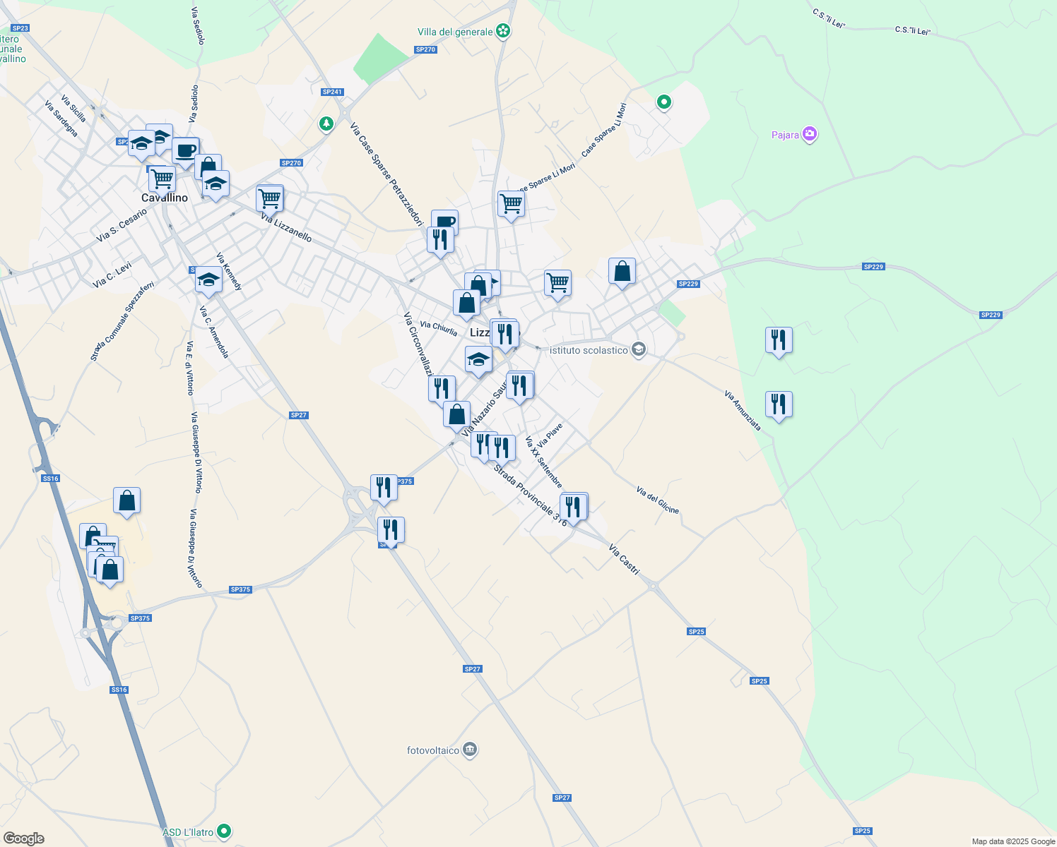 map of restaurants, bars, coffee shops, grocery stores, and more near 2 Via San Michele in Lizzanello