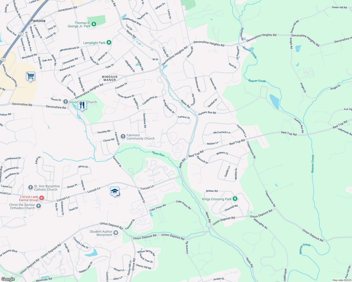 map of restaurants, bars, coffee shops, grocery stores, and more near 6670 Springford Terrace in Harrisburg