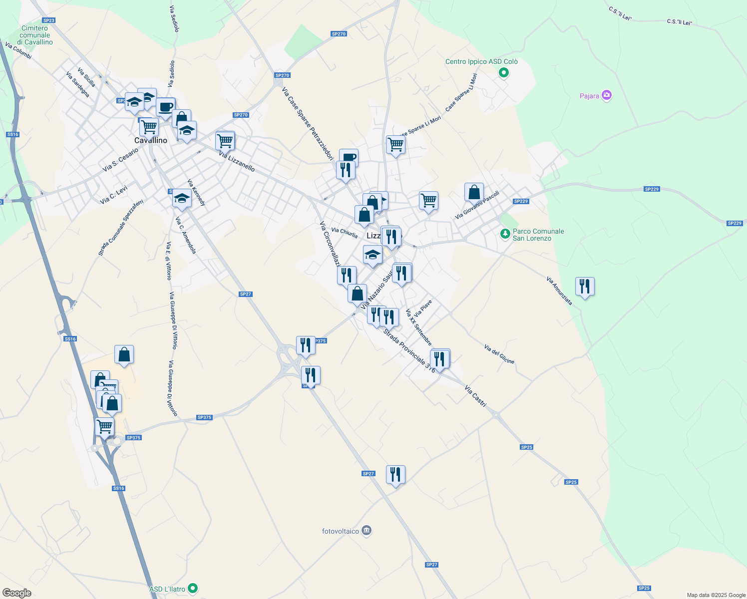 map of restaurants, bars, coffee shops, grocery stores, and more near 48 Via Torino in Lizzanello