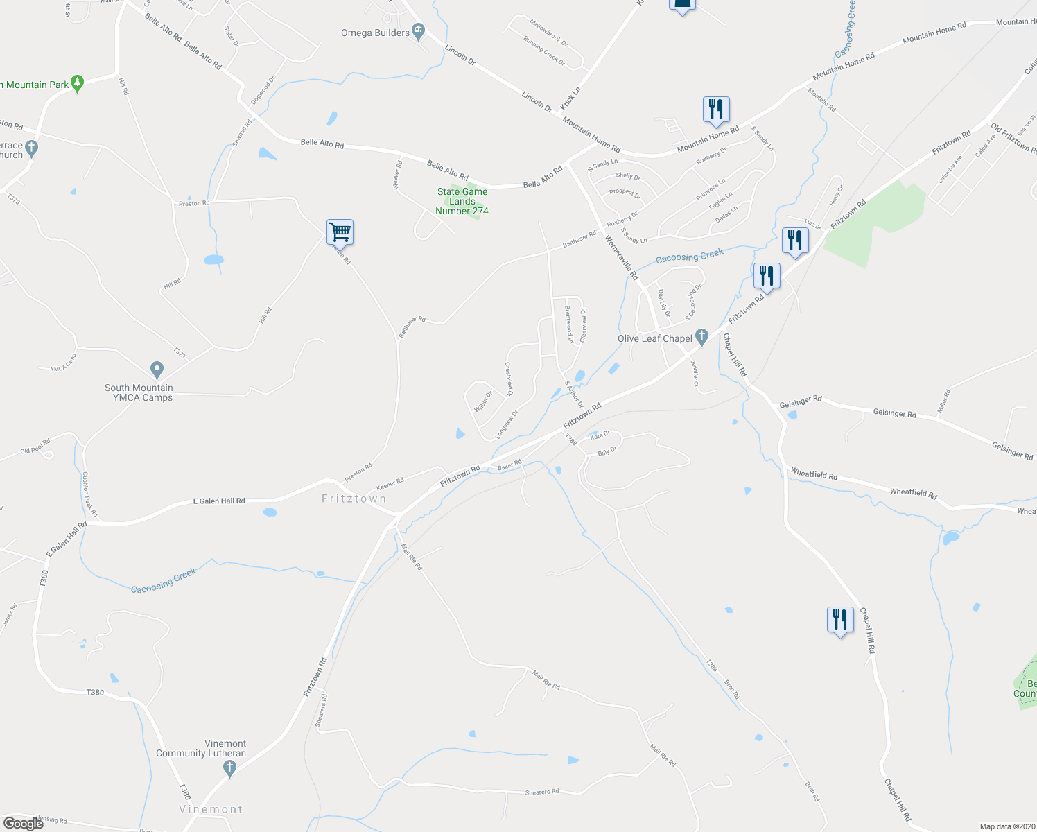 map of restaurants, bars, coffee shops, grocery stores, and more near 222 Longview Drive in Reading