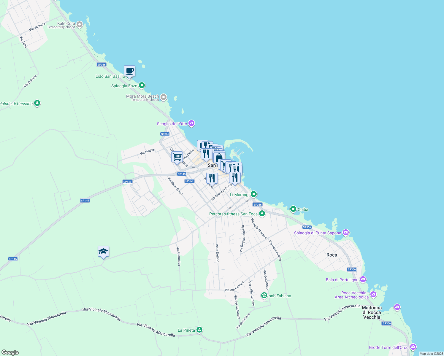 map of restaurants, bars, coffee shops, grocery stores, and more near 9 Via Padova in San Foca