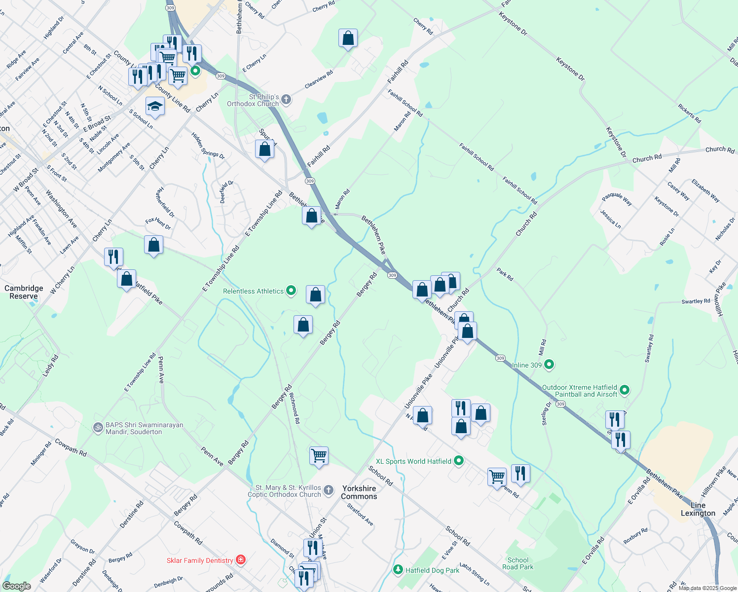 map of restaurants, bars, coffee shops, grocery stores, and more near 3251 Bergey Rd in Hatfield
