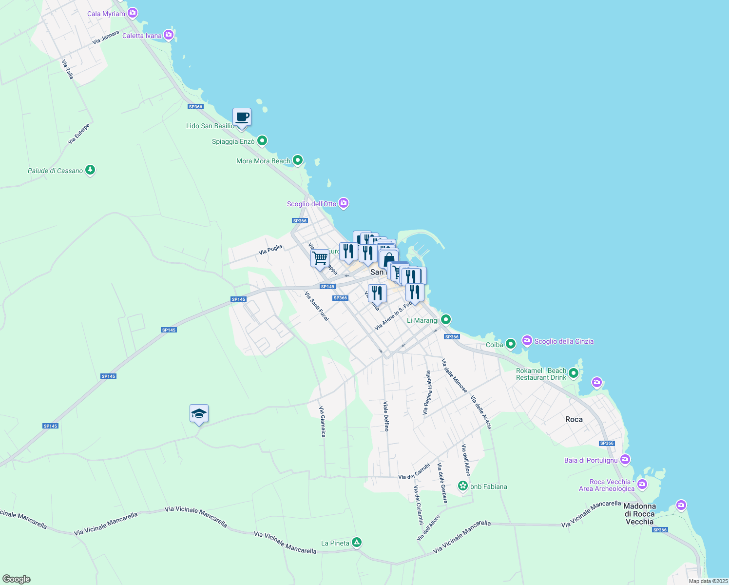 map of restaurants, bars, coffee shops, grocery stores, and more near 19 Piazza Lampedusa in San Foca