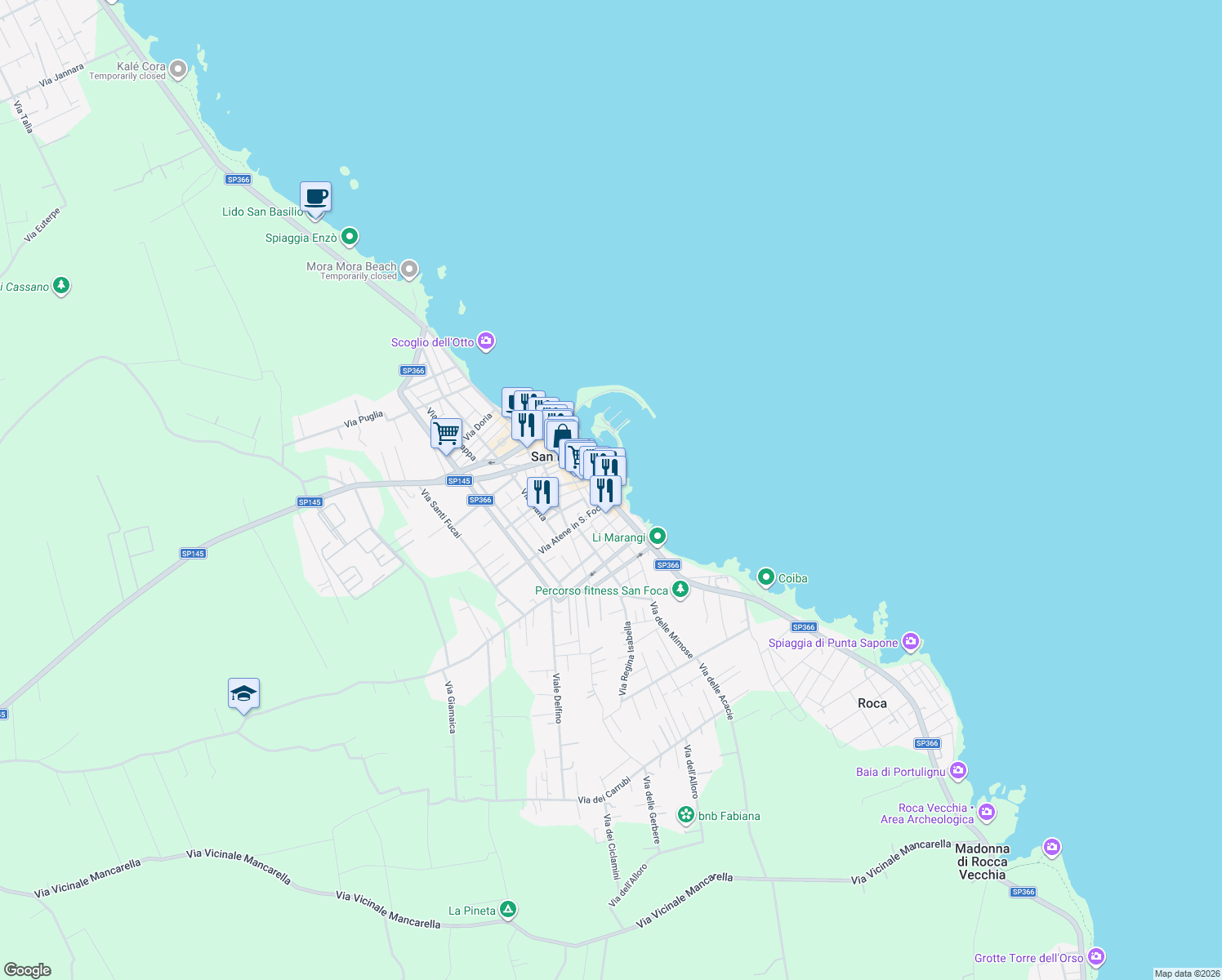 map of restaurants, bars, coffee shops, grocery stores, and more near 40-42 Via Lungomare Matteotti in San Foca