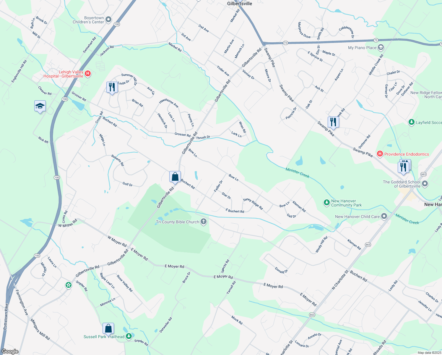 map of restaurants, bars, coffee shops, grocery stores, and more near 113 Fadler Drive in Gilbertsville