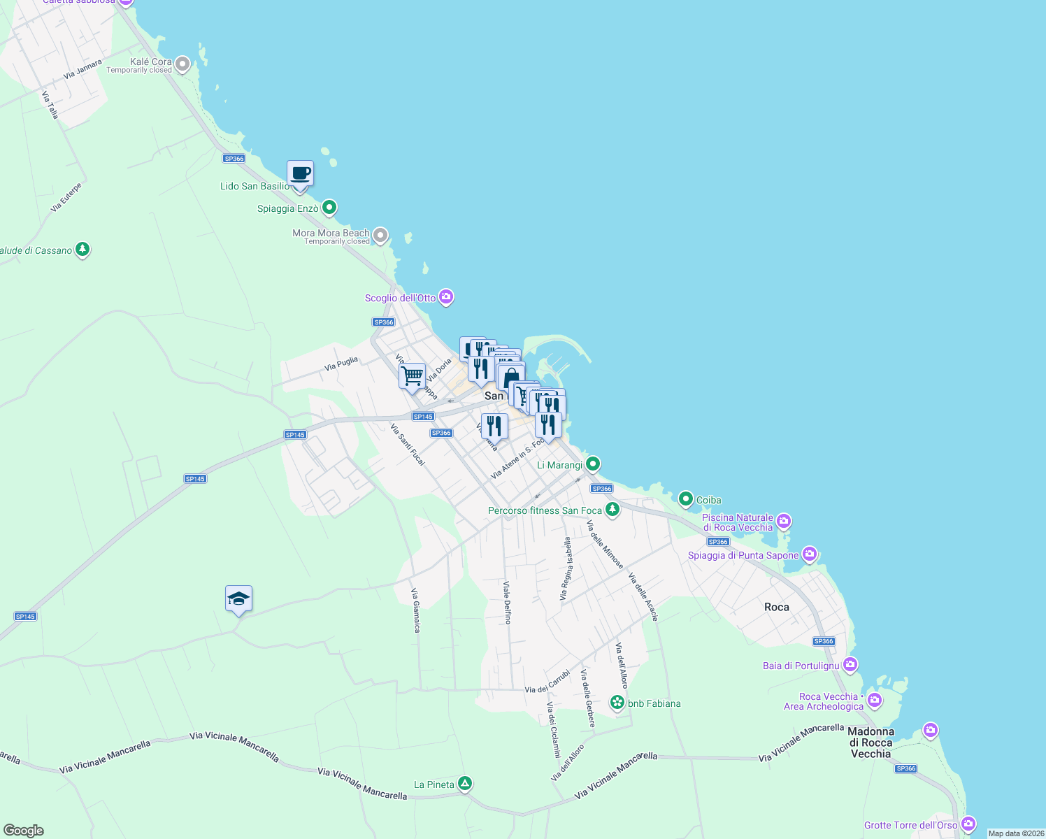 map of restaurants, bars, coffee shops, grocery stores, and more near 9 Via Padova in San Foca