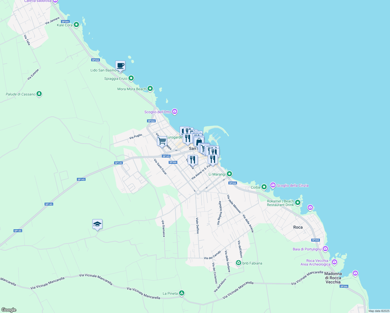 map of restaurants, bars, coffee shops, grocery stores, and more near 32 Via Ettore Fieramosca in San Foca