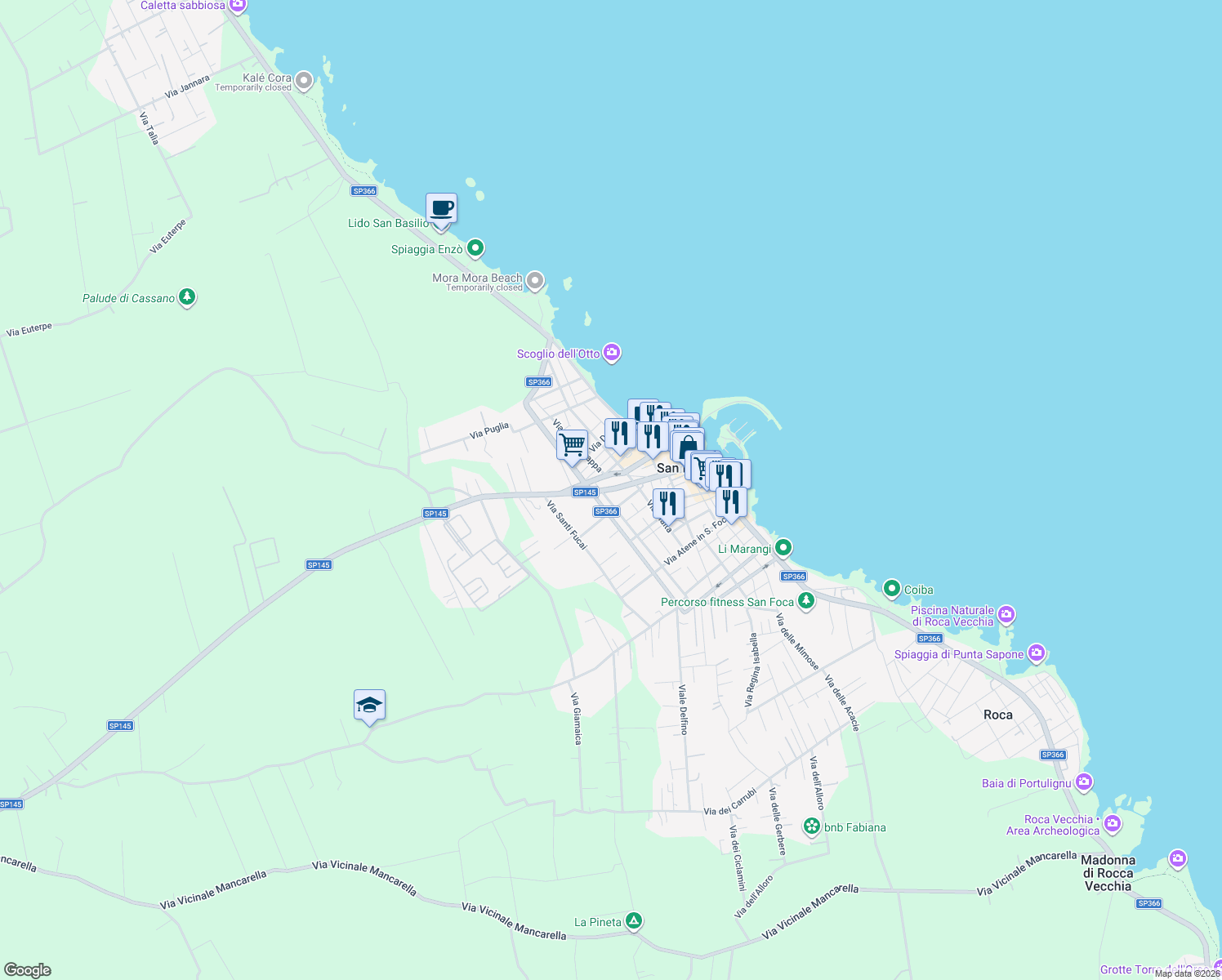 map of restaurants, bars, coffee shops, grocery stores, and more near 24 Via Pireo in San Foca