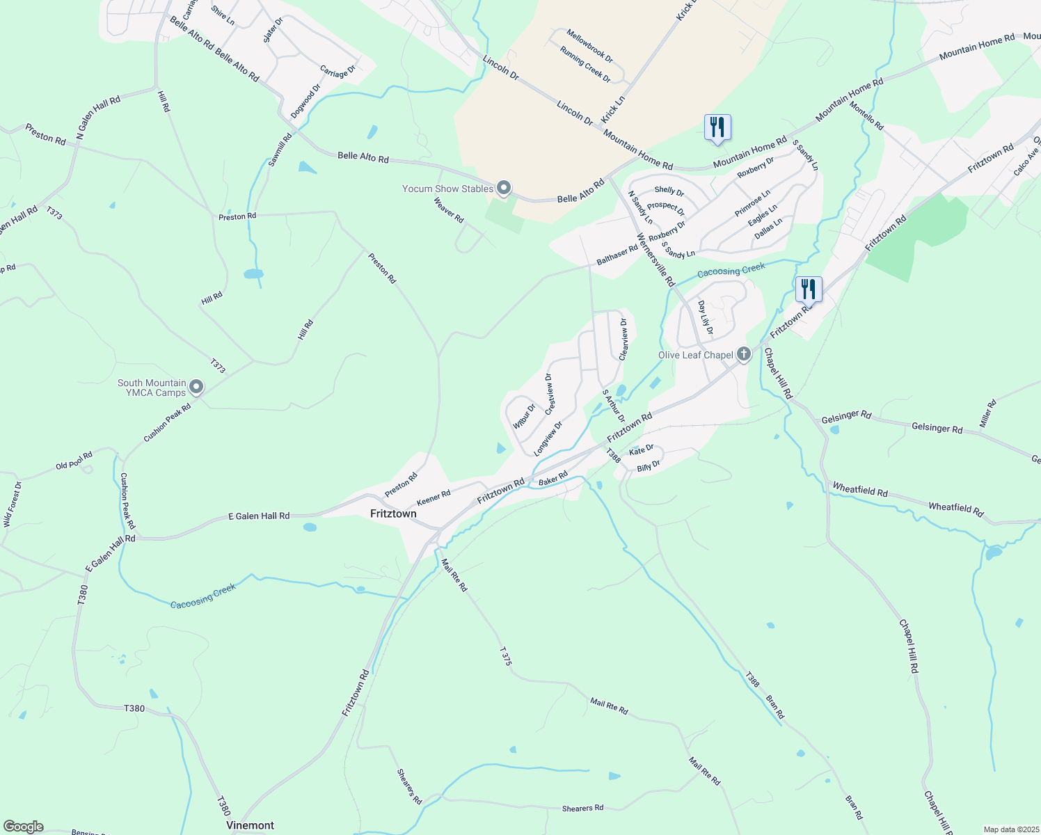 map of restaurants, bars, coffee shops, grocery stores, and more near 7 Wilbur Drive in Sinking Spring