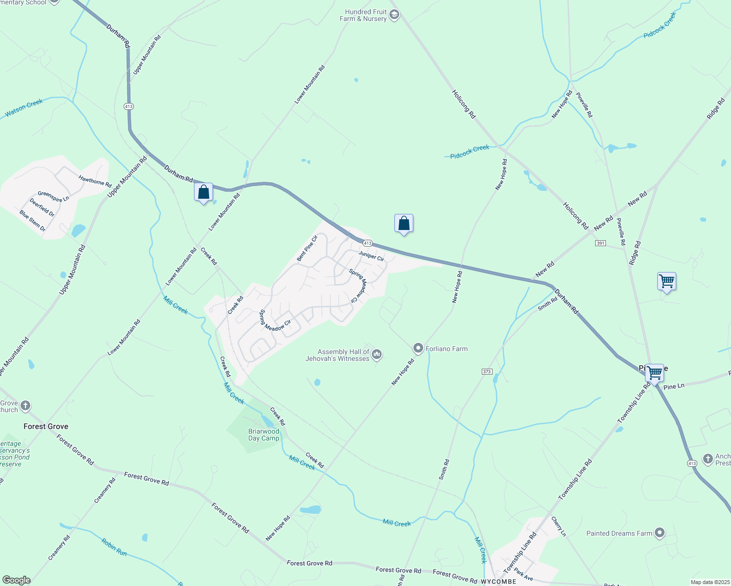 map of restaurants, bars, coffee shops, grocery stores, and more near 139 Blue Jay Court in New Hope
