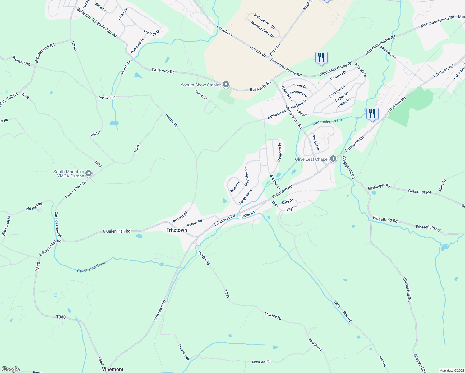 map of restaurants, bars, coffee shops, grocery stores, and more near 7 Wilbur Drive in Sinking Spring